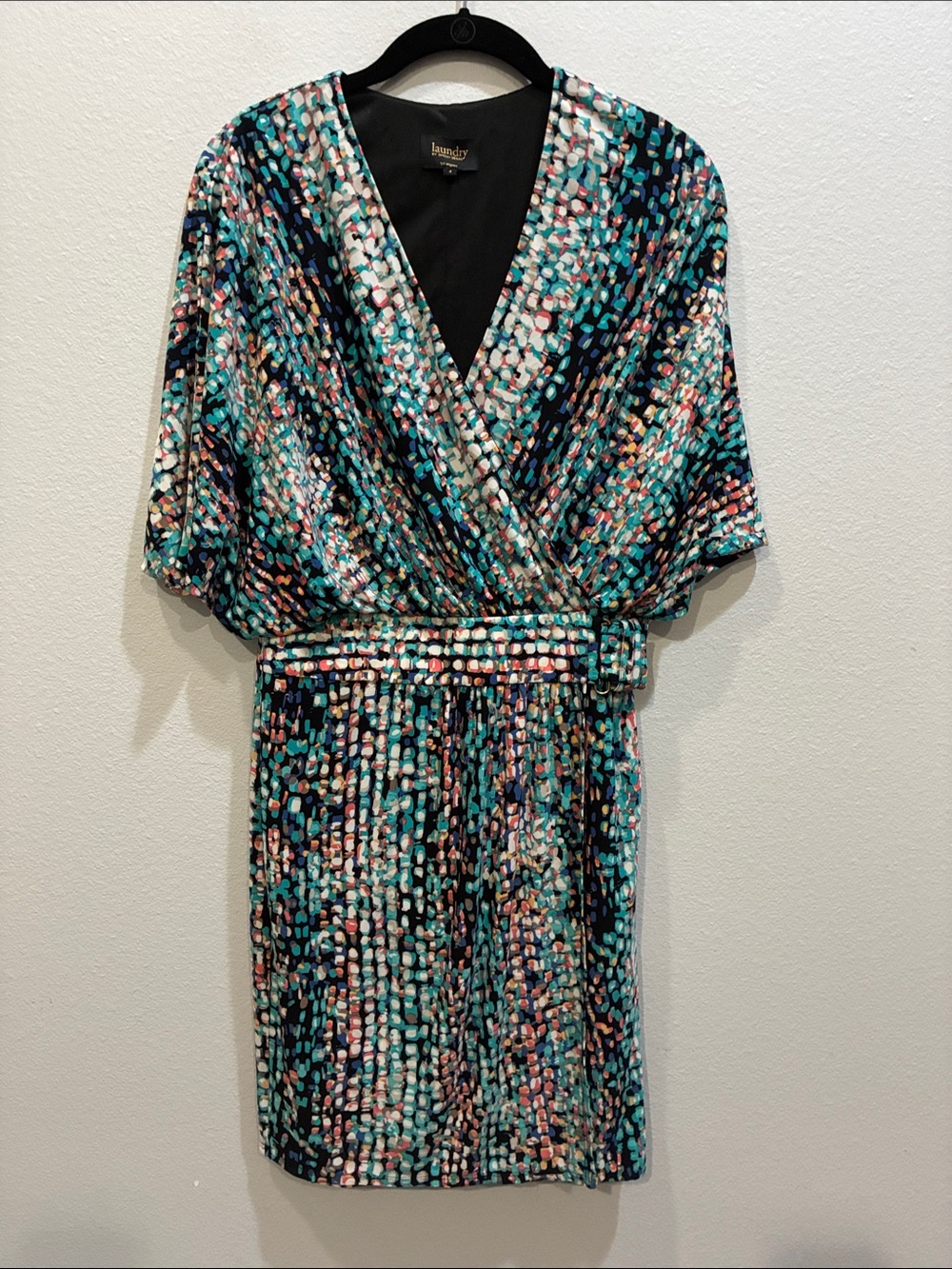 Laundry By Shelli Segal Teal and Black Abstract Print Wrap Dress